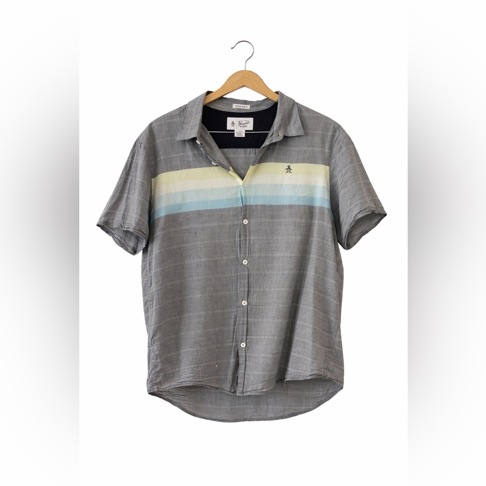 Original Penguin Men's Gray and Blue Striped Shirt